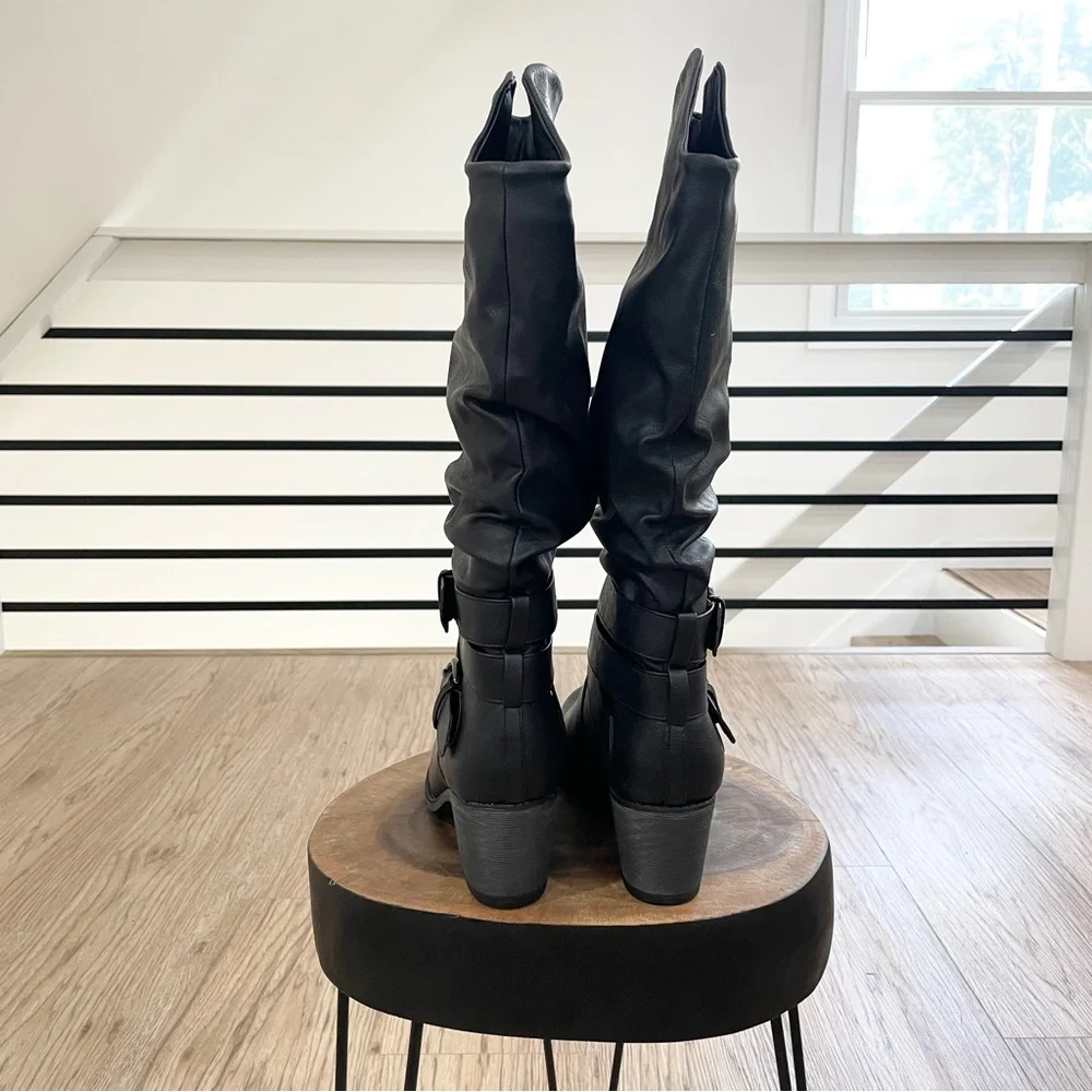 NWT 8 Black, vegan faux leather double buckle block heel knee-high boots - Picture 5 of 9